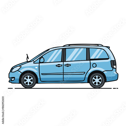 Detailed illustration of a light blue minivan with clean lines and simple design on a white background