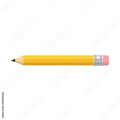 A yellow pencil with a graphite tip and pink eraser against a blank white backdrop