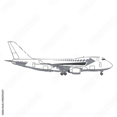 A commercial airplane is parked on a tarmac viewed from the side with engines and landing gear visible