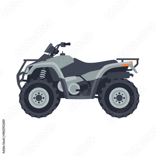Quad bike on a white background, viewed from the side, showcasing its rugged design and capabilities.
