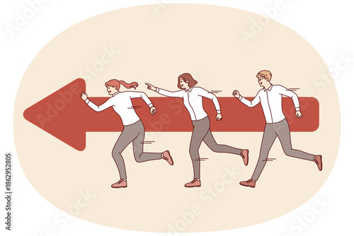 Teamwork of business people running together near arrow and striving to quickly achieve goal. Business sprint for office employees who learned about opportunity to attract new clients for company