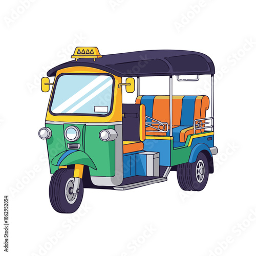 A vibrant tuk-tuk vehicle driving down a bustling street scene from a frontal viewpoint