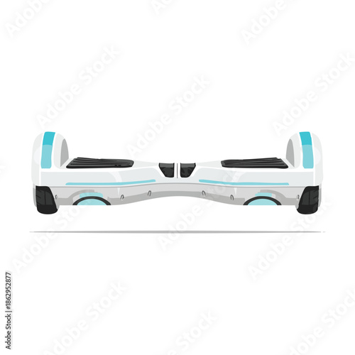 A white hoverboard with blue accents is centered on a plain white background viewed from the front.