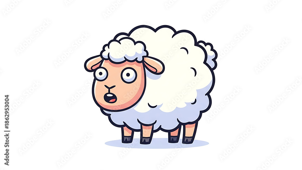 Obraz premium Funny Surprised Fluffy Sheep Cartoon Illustration Isolated on White Background