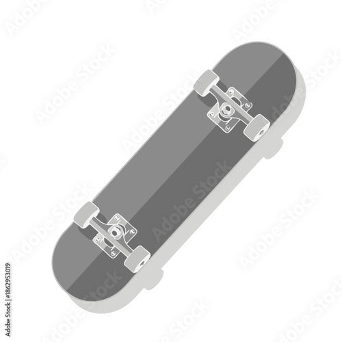 A gray skateboard viewed from above on a white background