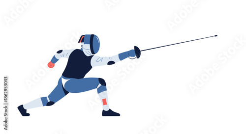 Fencer in a dynamic lunge pose, wearing a modern blue and white uniform and attacking with a sword.
