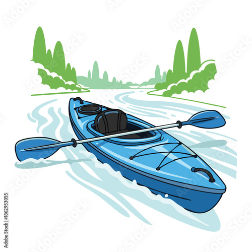 A blue kayak floating on calm waters with paddles, surrounded by lush greenery and trees