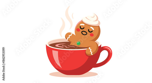 Cute gingerbread man character relaxing in a red mug of hot chocolate with whipped cream on his head like a spa day on white.
