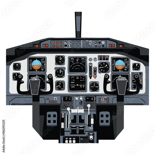 Aircraft cockpit illustration showcasing controls and instruments in a detailed vector graphic format