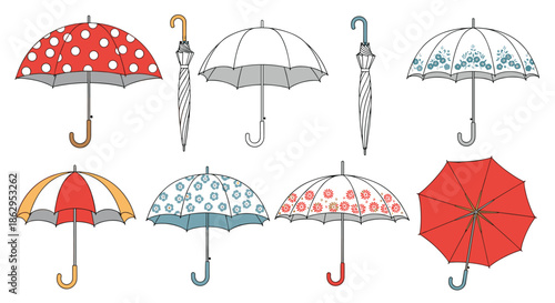 Diverse collection of colorful umbrellas including polka dots, floral patterns, and solid colors in both open and closed positions.