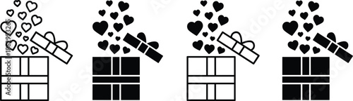 Solid and Outline Vector Icon Set Featuring Open Gift Boxes with Exploding Hearts for Rewards and Gifting Branding