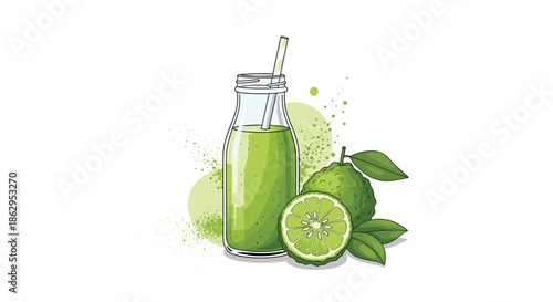 Fresh green detox smoothie in a glass bottle with a straw surrounded by bergamot citrus fruits and artistic splatters.