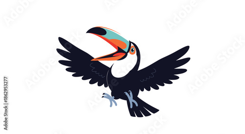 A happy and colorful toucan bird with its wings spread wide open and its large beak open as if it is squawking loudly.