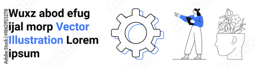 Gear symbol for innovation, figure pointing, and blooming head pot suggest creativity, problem-solving, and growth. Ideal for design, education, strategy, teamwork innovation solutions simple