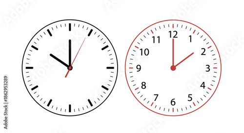 Two analog clock faces with clear markings showing different times for time management and scheduling concepts.