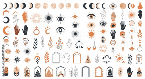 Extensive collection of mystical and esoteric symbols including various moon phases, eyes, hands, plants, and celestial elements.
