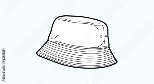 Simple black and white line art illustration of a classic bucket hat for casual fashion and outdoor protection.