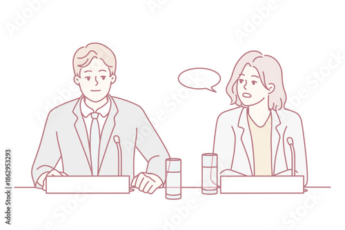 Business meeting discussion, Corporate team collaborating during interview, Professionals engaged in formal interview discussion, Meeting between two professionals in corporate environment