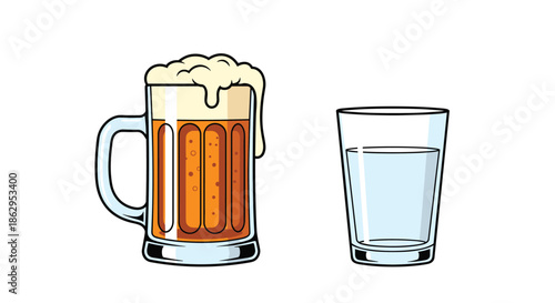 Mug of frothy beer with foam overflowing placed next to glass of clear water representing choice of beverage selection.