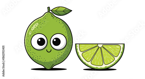 Adorable cartoon lime character with happy smiling face standing next to fresh sliced lime wedge on white background art.
