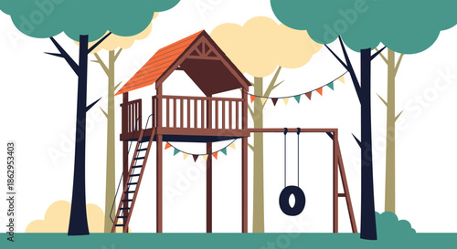 Simple illustration of wooden treehouse in forest environment featuring tire swing and decorative party bunting flags.