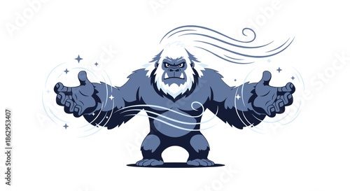 A powerful yeti or abominable snowman character is casting a magic spell, creating swirling winds and magical sparkles.