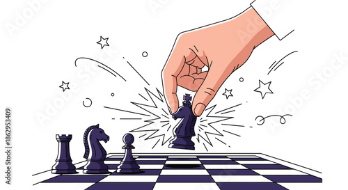 Dramatic illustration of hand making strategic move with knight chess piece on checkered board with impact star symbols.