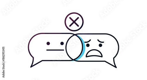 Abstract representation of communication barrier showing speech bubbles with neutral and sad faces and a cross symbol.