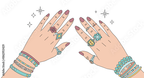Pair of hands showcasing a variety of colorful bohemian rings and beaded bracelets with painted nails against a clean white background.