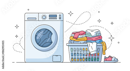 Modern washing machine next to plastic basket overflowing with neatly folded colorful laundry in domestic home setting.