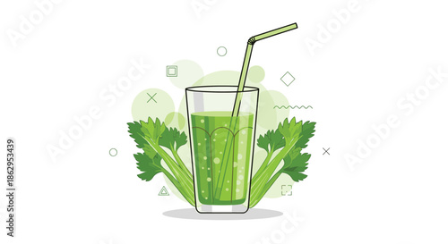 Refreshing glass of green celery juice with fresh stalks and leaves placed in background for healthy lifestyle choice.