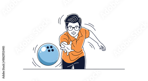 A smiling young man with glasses wearing an orange polo shirt is in the middle of throwing a bowling ball down the lane.