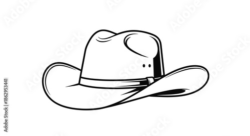 Detailed black and white cowboy hat illustration representing western style traditional headwear for ranching work.