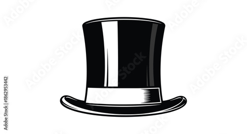 Classic black top hat with white band isolated on white background representing luxury formal evening wear for men.