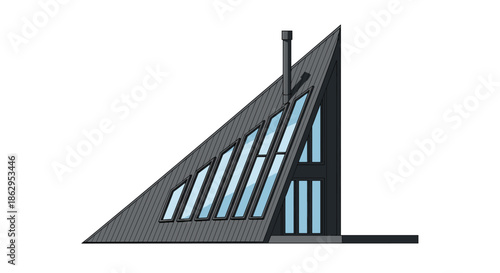 Modern minimalist black A-frame house with a unique diagonal glass facade and a tall chimney representing contemporary mountain living.