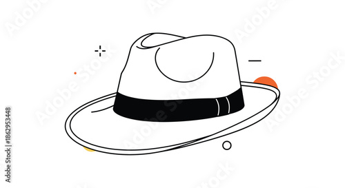 Stylish hand-drawn fedora hat with a black ribbon band shown in a minimalist line art style on a clean white background.