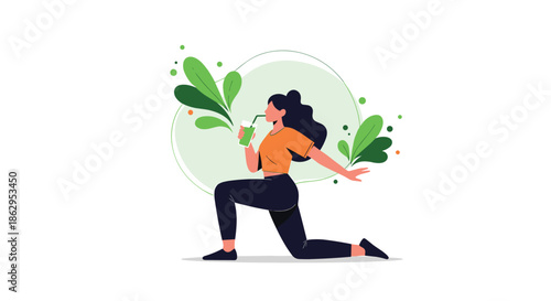 Active woman drinking green smoothie while performing exercise on white background with decorative green leaves art.