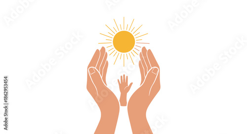 Two large hands and one small hand reaching up towards a bright yellow sun symbolizing hope unity and protection for the future.