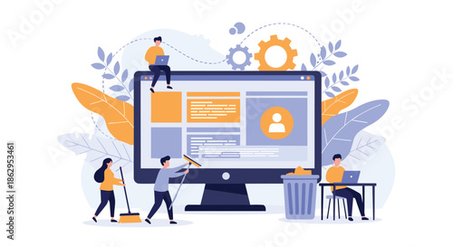 Team of tiny office workers collaborating to clean and manage content on a giant computer monitor with gears and leaves in the background.