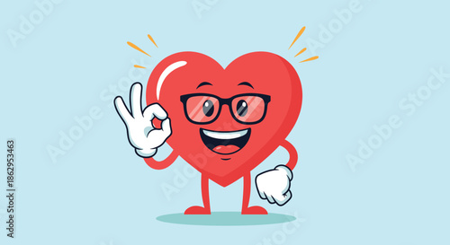Cheerful heart character wearing glasses and giving an okay hand sign symbolising health wellness and loving care.