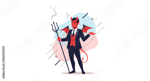 A charming devil character dressed in a sharp business suit holding a trident with a modern, flat illustration style.