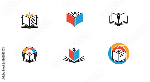 Collection of six creative logos for education and learning featuring open book icons integrated with human figures and leaves.