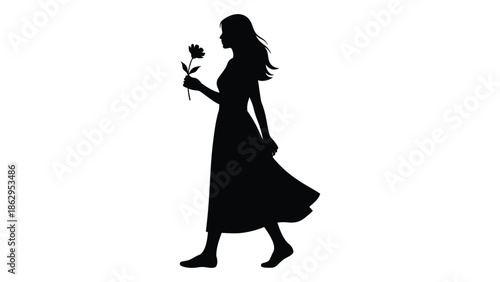 Silhouette of a woman holding a single rose in a flowing dress