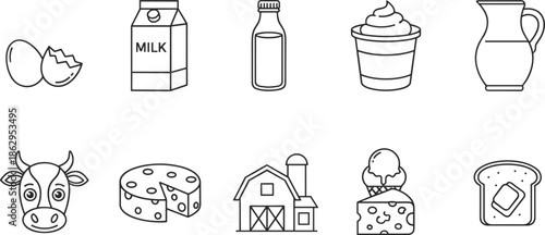Comprehensive Outline Vector Icon Set Featuring Fresh Milk, Cheese, Eggs, Butter, and Dairy Farm Animals for Grocery Branding