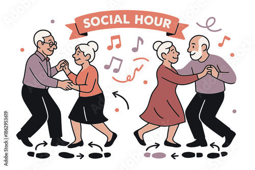 Elderly Dance Class. Elderly ? Dance Class. Partners step in a gentle swing; note icons and arrowed footprints guide the rhythm. A ribbon says ?social hour?.