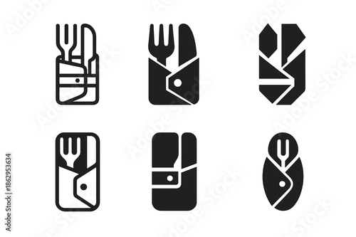 Cutlery Roll Logos. Cutlery roll. Icon set. Set Logo of cutlery roll: wrapped utensils in fabric pouch. harmonious logo variations of the same emblematic
