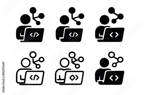 IT Logo Variations. IT professionals and programmers coding. Icon set. Set Logo of IT professionals and programmers coding: API endpoint node. harmonious logo