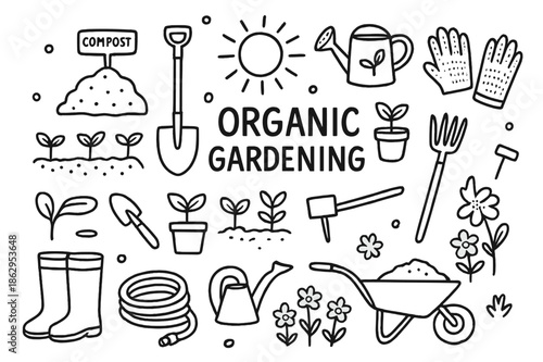 Organic Gardening Icons. Organic Gardening. Hand-drawn doodle illustration Organic Gardening compost pile, shovel, watering can, gloves, trowel, seedlings,
