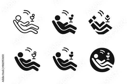 Space Travel Logos. Space tourism and futuristic travel experiences. Icon set. Set Logo of space tourism and futuristic travel experiences: zero-gravity lounge