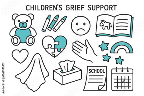 Children's Grief Symbols. // Children?s grief support. Hand-drawn doodle illustration Children?s grief support [stuffed bear (accented), crayons (accented),